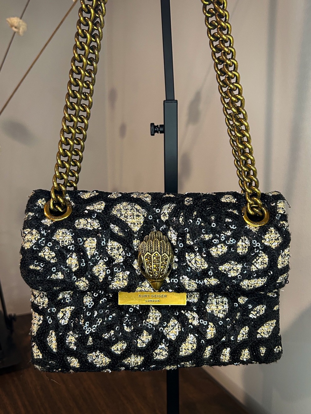 Kurt Geiger Mini Kensington Black Silver Sequin Leopard Crossbody Shoulder Bag